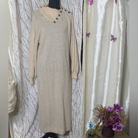 ByTiMo Cream Long-Sleeve Wool Knit Maxi Dress with Button-Trim Collar - Picture 7 of 7